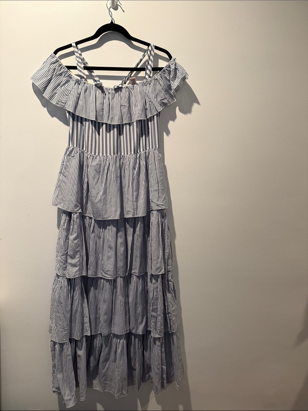 Victoria's Secret Blue & White Striped Off-Shoulder Tiered Maxi